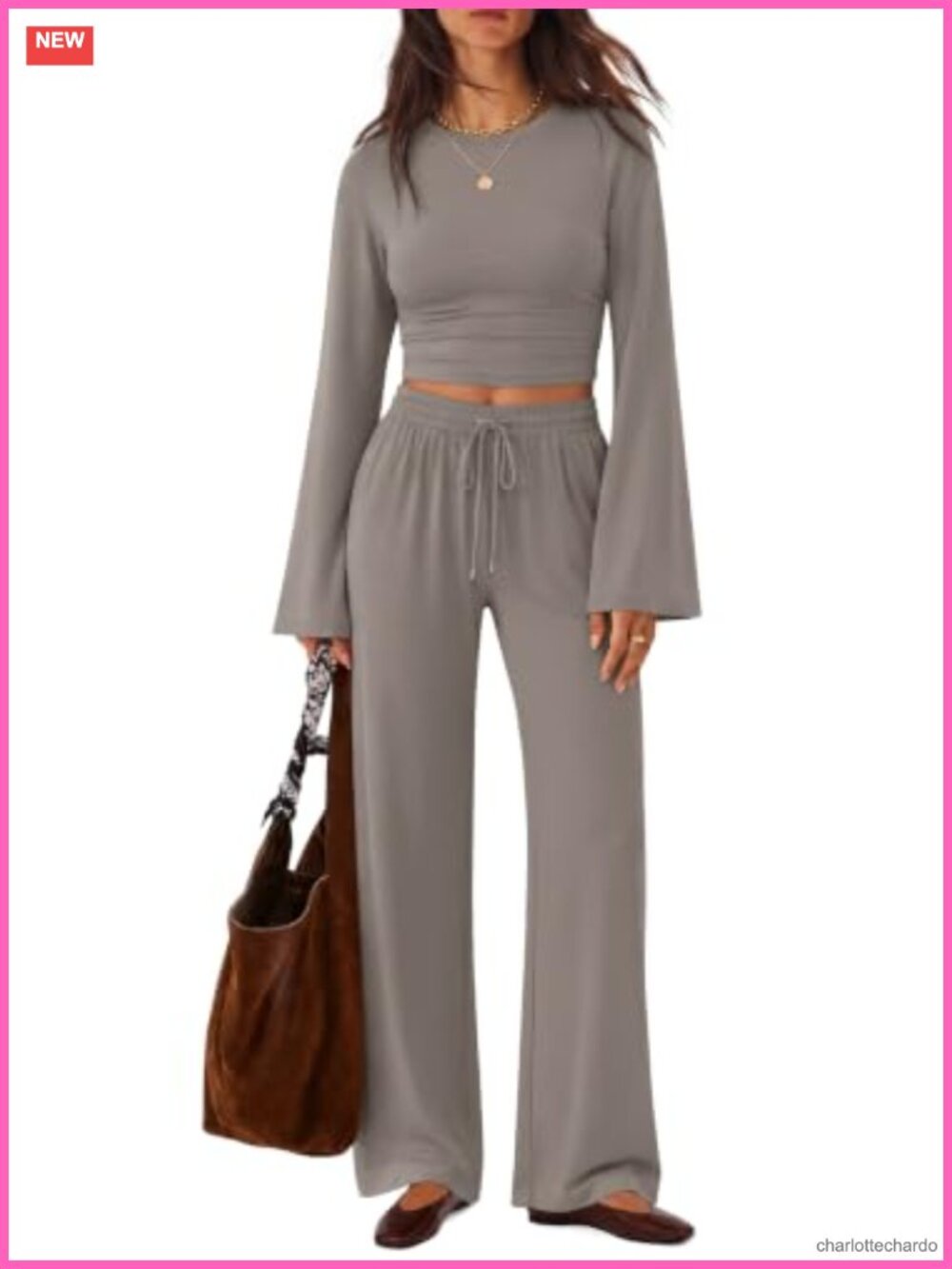Women's Two Piece Lounge Set Ruched Bell Sleeve Top Wide Leg Drawstring Pants